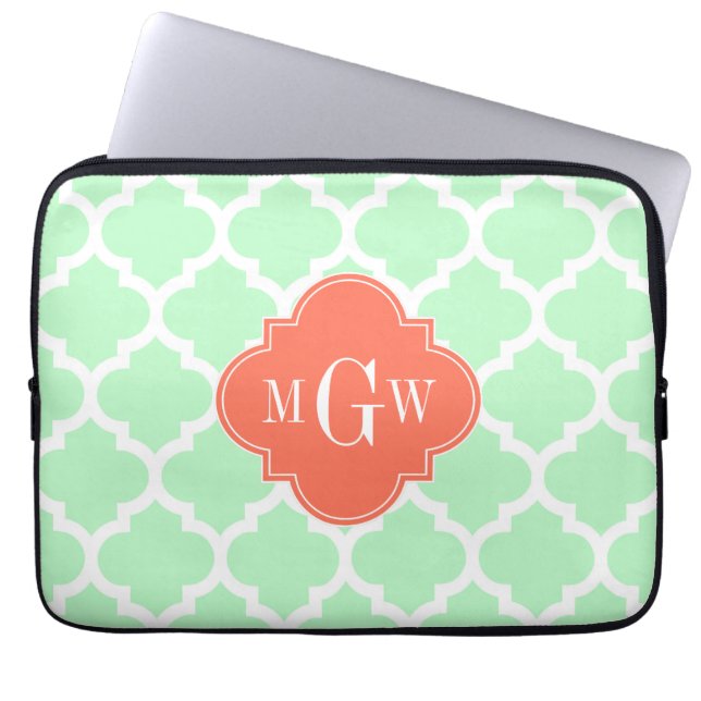 Mint White Moroccan #5 Coral 3 Initial Monogram Laptop Sleeve (Front)