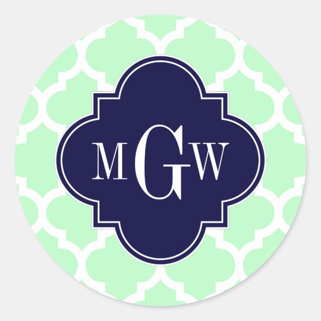 Mint, White Moroccan #5 Navy 3 Initial Monogram Classic Round Sticker (Front)