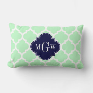 Mint, White Moroccan #5 Navy 3 Initial Monogram Lumbar Pillow