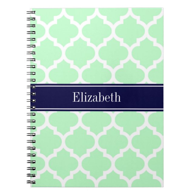 Mint White Moroccan #5 Navy Blue Name Monogram Notebook (Front)