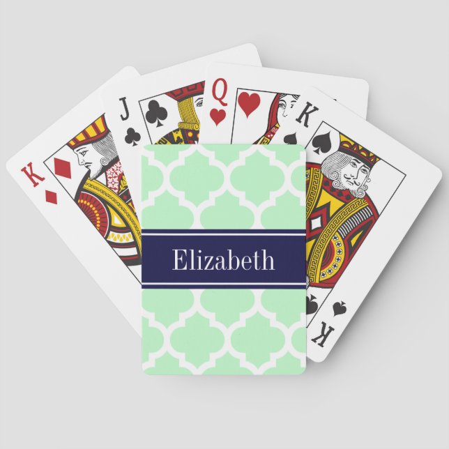 Mint White Moroccan #5 Navy Blue Name Monogram Playing Cards (Back)