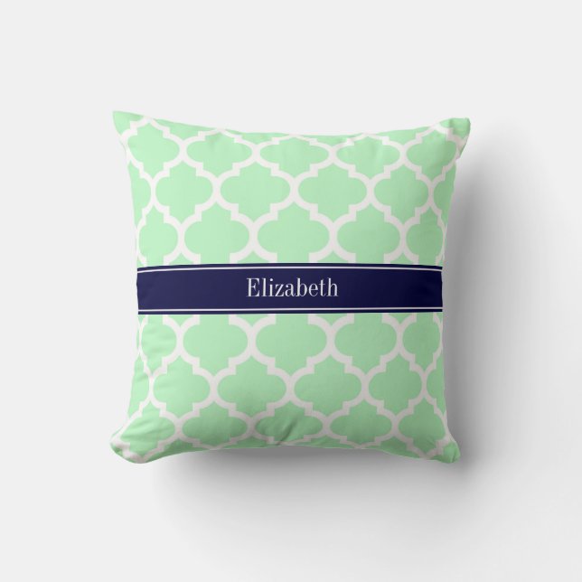 Mint White Moroccan #5 Navy Blue Name Monogram Throw Pillow (Front)