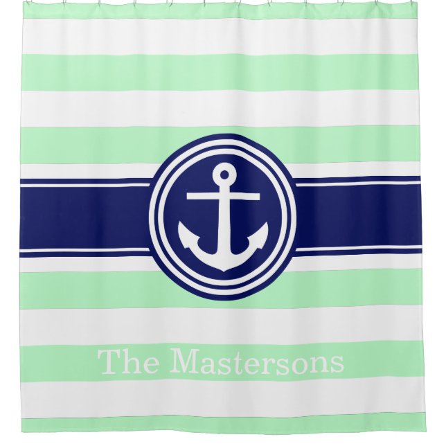Mint White Navy Blue Nautical Stripe Anchor (Front)