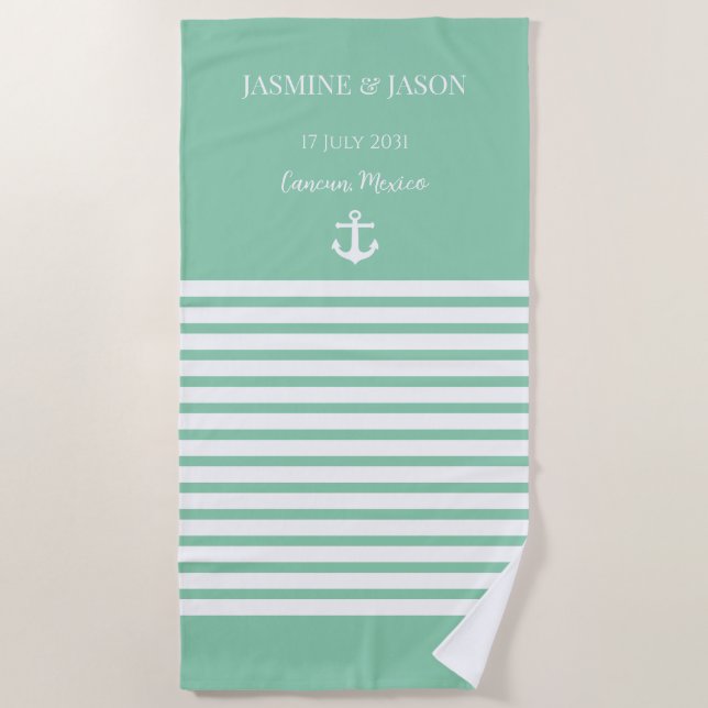 Mint White Personalized Destination Wedding Favour Beach Towel (Front)