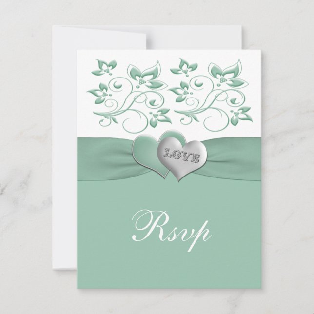 Mint, White PRINTED RIBBON Floral Reply Card (Front)