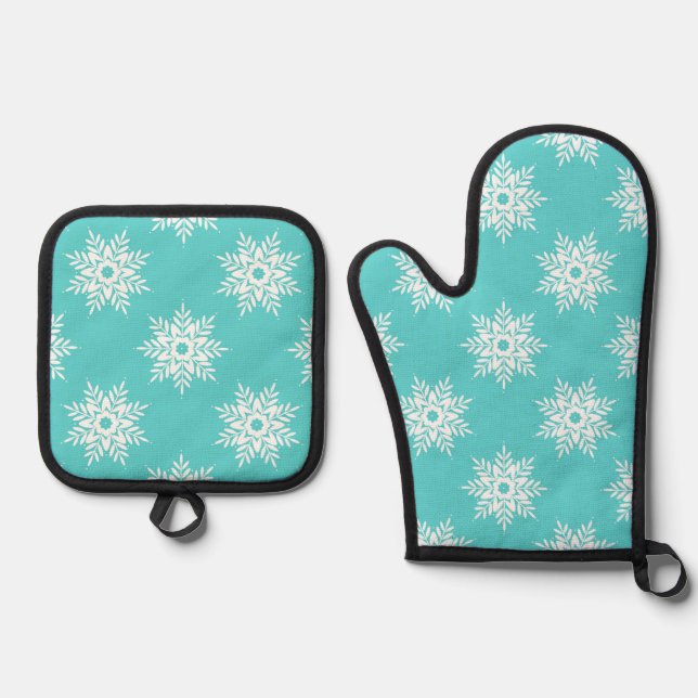 Mint White Snowflake Pattern   Oven Mitt & Pot Holder Set (Front)