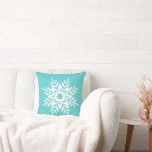 Mint White Snowflake Throw Pillow