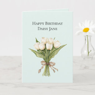 Mint White Tulip Flowers Birthday Card