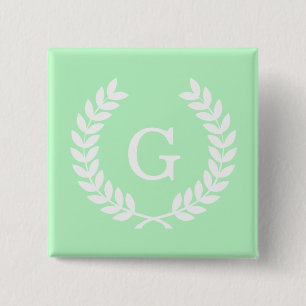 Mint White Wheat Laurel Wreath Initial Monogram 2 Inch Square Button