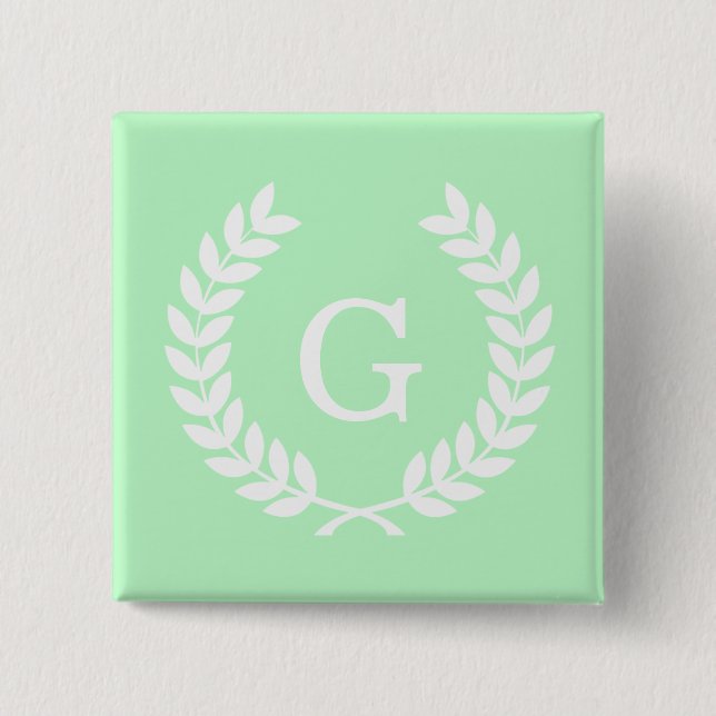 Mint White Wheat Laurel Wreath Initial Monogram 2 Inch Square Button (Front)