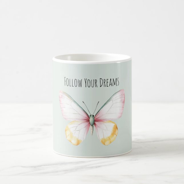Mint White Yellow Pink Teal Butterfly Coffee Mug (Center)