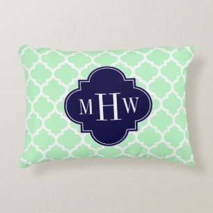 Mint Wht Moroccan #5 Navy Blue 3 Initial Monogram Accent Pillow
