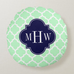 Mint Wht Moroccan #5 Navy Blue 3 Initial Monogram Round Pillow