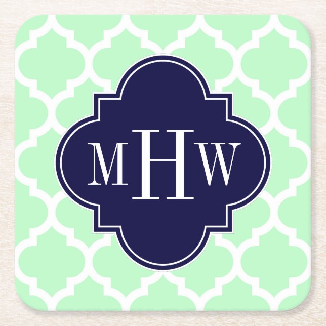 Mint Wht Moroccan #5 Navy Blue 3 Initial Monogram Square Paper Coaster (Front)