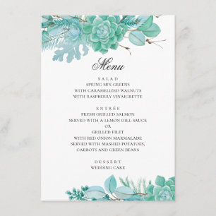 Mint winter floral wedding. Watercolor succulents Menu