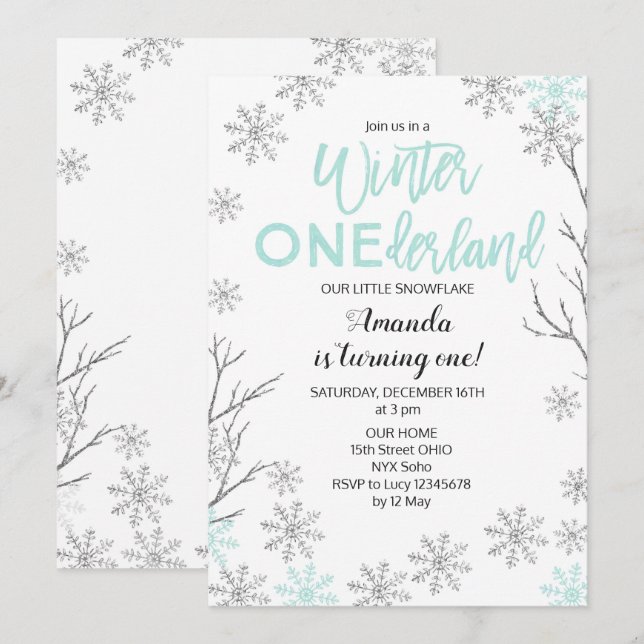 Mint Winter ONE derland Snow Birthday Invitation (Devant / Derrière)