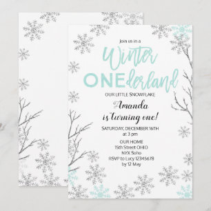Mint Winter ONE derland Snow Birthday Invitation