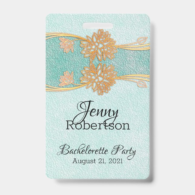 Mint with Gold Flowers Bachelorette Party Badge (Front)