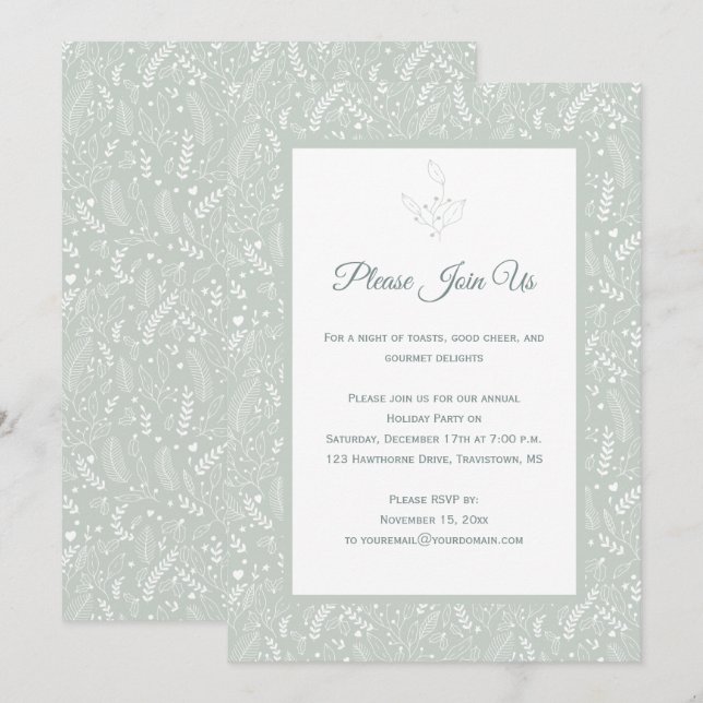 Mint with White Holly Berries Floral Swirls Patter Invitation (Front/Back)