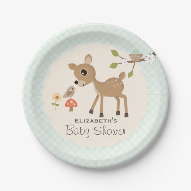 Mint Woodland Deer Baby Shower Paper Plate (Front)