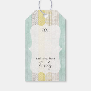 Mint & Yellow Boho Geo Wood Pattern Personalized Gift Tags