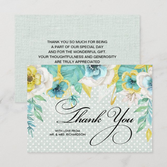 Mint | Yellow Floral Thank You Wedding Card (Front/Back)