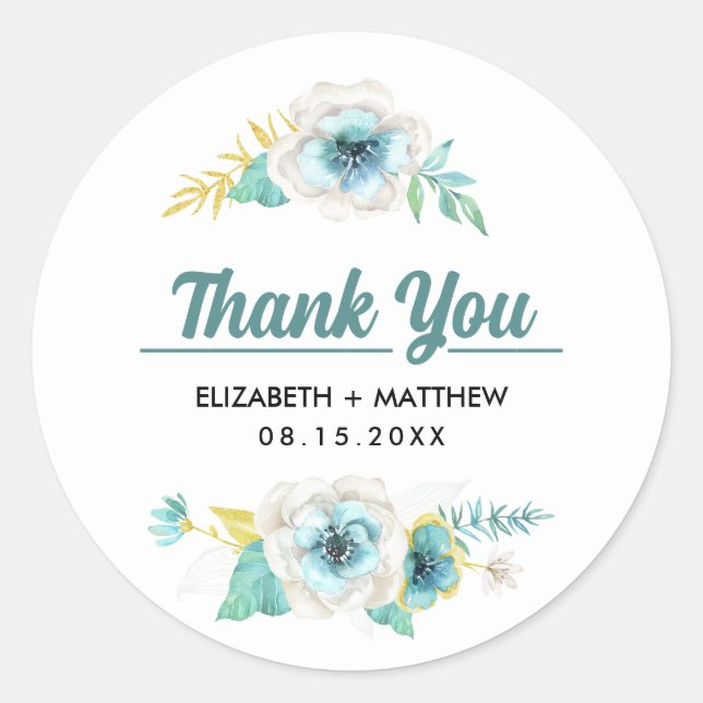 Mint Yellow Floral Thank You Wedding Stickers (Front)