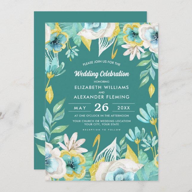 Mint Yellow Floral Watercolor Wedding Invitation (Front/Back)