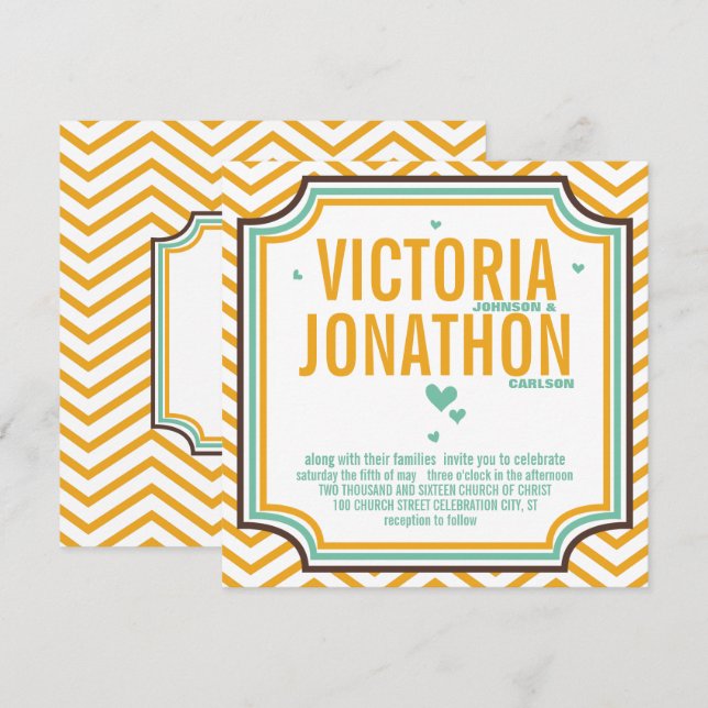 Mint Yellow Modern Zig Zag Typography Wedding Invitation (Front/Back)