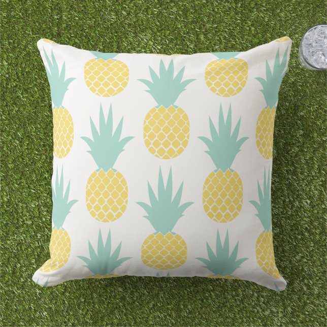 Mint Yellow Pineapple Pattern Tropical Outdoor Pillow (Grass)