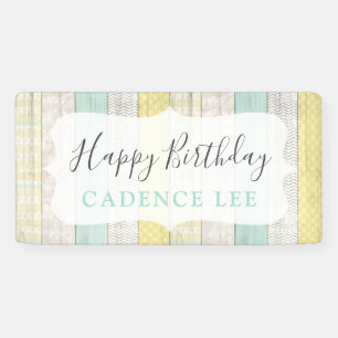 Mint & Yellow Rustic Cottage Wood Happy Birthday Banner