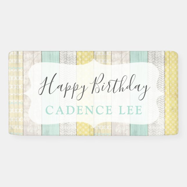 Mint & Yellow Rustic Cottage Wood Happy Birthday Banner (Horizontal)