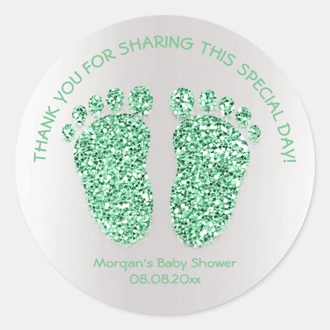 MintGray Glitter Feet Baby Shower Favour Thank You Classic Round Sticker (Front)
