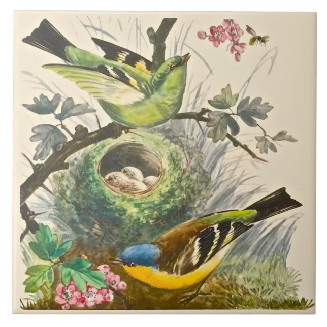 Minton Hand Painted Birds Berries Late 1800s Repro Tile (Front)