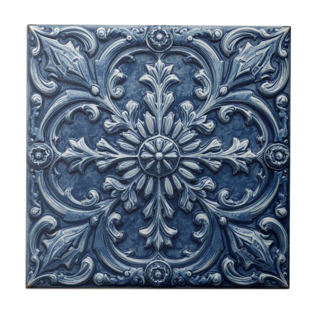 Minton Victorian Faux Relief Blue Reproduction Tile (Front)