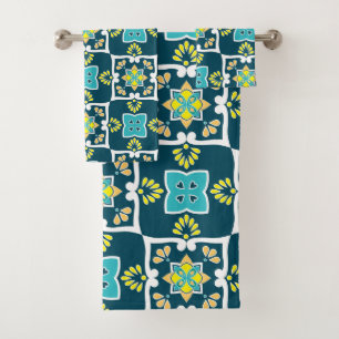 Minty and teal Azulejos with yellow elements  Bath Towel Set