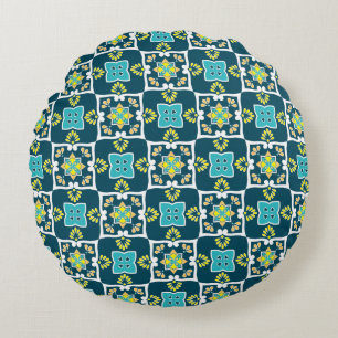 Minty and teal Azulejos with yellow elements Round Pillow