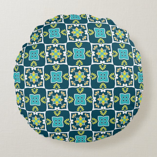 Minty and teal Azulejos with yellow elements  Round Pillow (Front)