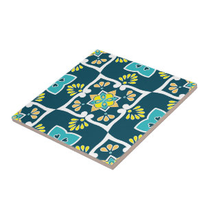 Minty and teal Azulejos with yellow elements Tile