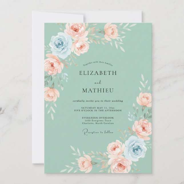 Minty Blush Peony Wedding Invitation (Front)