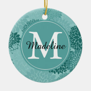 Minty Flowers Monogram Ceramic Ornament