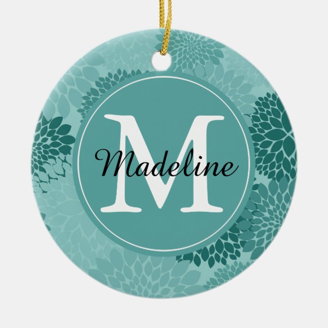 Minty Flowers Monogram Ceramic Ornament (Front)