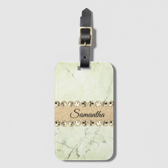 Minty Green Marble Diamond Bling  Luggage Tag (Front Vertical)
