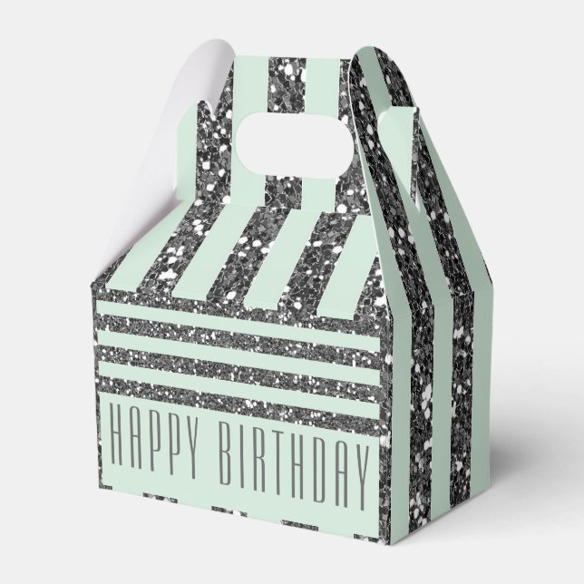 Minty Mint Green & Silver Glitter Stripes Party Favor Box (Front Side)