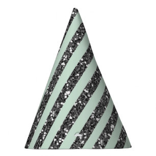 Minty Mint Green & Silver Glitter Stripes Party Hat