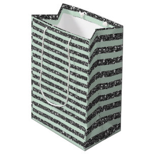 Minty Mint Green & Silver Glitter Stripes Party Medium Gift Bag