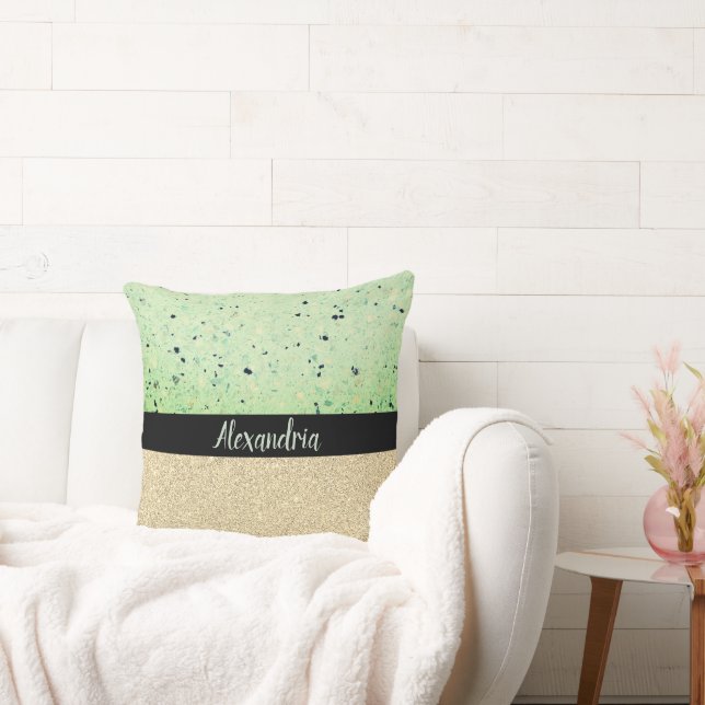 Minty Terrazzo Gold Sparkly Personalized Throw Pillow (Couch)