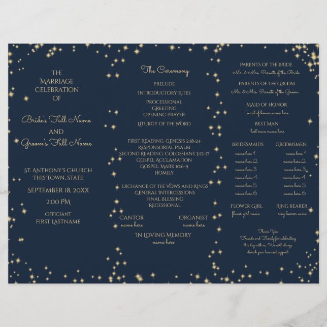 Minuit Sky Twinkle Star Tri Fold Wedding Programme (Devant)