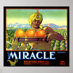 Miracle Brand Oranges Fruit Crate Label Poster