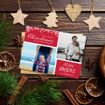 Miracle of Christmas Two Photo Greeting Holiday Card<br><div class="desc">Custom family photo Christmas holiday card design featuring two of your family photos. Red card with white snowflakes reads - May the miracle of Christmas fill your heart with love and joy. Customize by adding your two photos and your name. This Christmas card reverses to a coordinating white and red...</div>